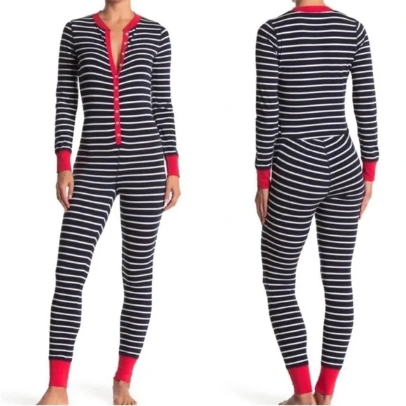 J Crew Unionsuit Onesie Pajamas Navy Stripe Red Jersey Cotton Loungewear EUC - Picture 1 of 10